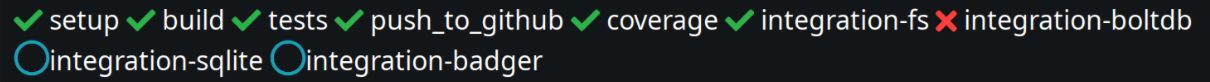 Screenshot of sourcehut build pipeline for FedBOX with multiple integration tests suites, one for each storage backend.

Their status is: storage-fs: passed, storage-boltdb: failed, storage-sqlite: failed, storage-badger: failed