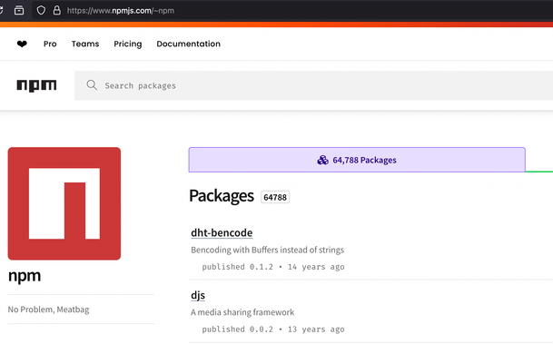 Screenshot of the user or organisation profile for npm on the npm registry showing 64,788 packages all from different authors.