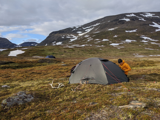 Me pitching the tent on a trek in the Scandinavian mountains.