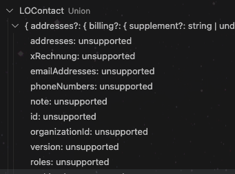 Shows ts-type-expand menu with many fields marked as “unsupported”