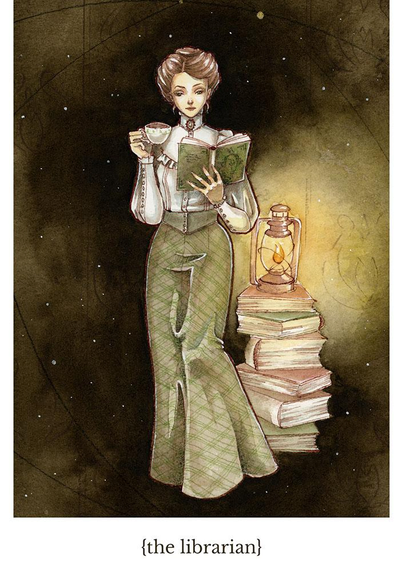 Watercolour full body portrait of a woman in a roughly edwardian dress (blouse and checked green skirt), holding a book in her left, and a tea cup in her right hand. She has brown hair in an updo. Behind her is a pile of books with a petroleum lamp on top. The background is abstract dark brown.