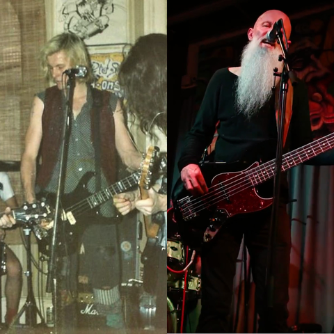 2 photos of me playing bass. One with longish blond hair, sleeveless shirt and patched jeans from the 80s, the other with longish white beard, dressed in black, singing from 2023.