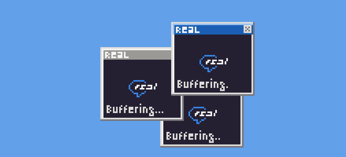 Pixel art showing three windows showing "Buffering..."