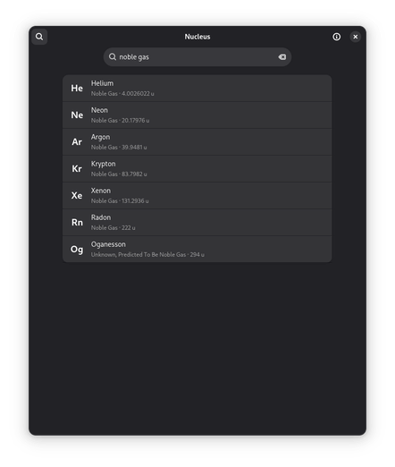 The Nucleus search page containing a search bar and a list of results. The current search is "noble gas" which displays all the elements in the noble gas category