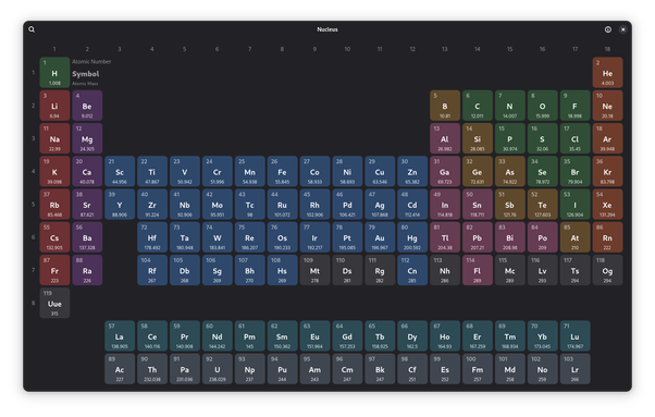 The Nucleaus main page with the full typical periodic table  of elements visible. the elements are colored based on their category and each cell include the atomic number, symbol and atomic mass.