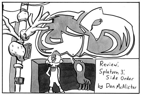 Black-and-white-illustration. An Octoling from the game Splatoon stands in front a storefront as strange flora and fauna take over the scene. Text reads: Review, Splatoon 3 Side Order, By Dan McAlister. 