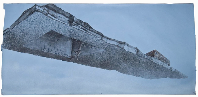 Grayscale drawing of a long rectangular concrete ruin floating within a blue expanse.