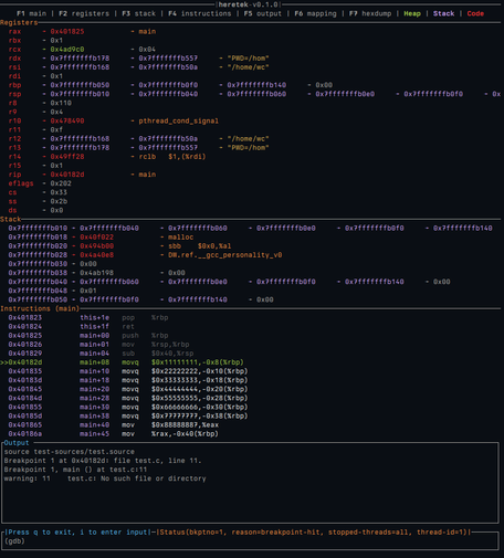 Terminal User Interface of Register, Stack, and current instructions of a program under introspection. Mixes of red,green,red show the differing parts of the values, as each register and stack variable is de-referenced to ease reverse engineering process.