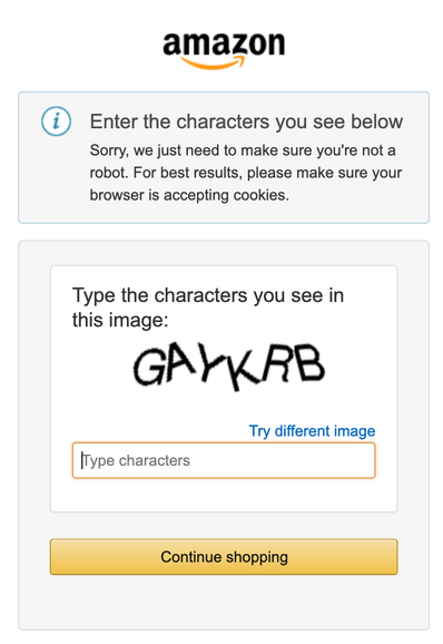 Amazon.com captcha reading "GAYKRB"