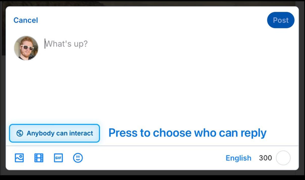 A Bluesky status composer. A new  button appears near the bottom with a default of “Anybody can interact” instructions appear to the side “Press to choose who can reply”