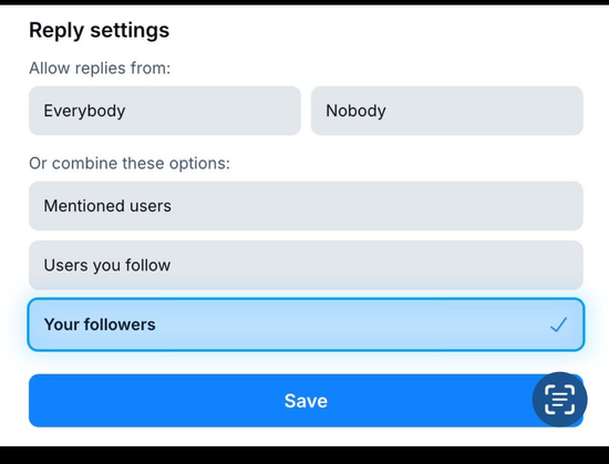 The reply settings detail appears showing 5 different configurations for reply controls which can be used in all kinds of combinations. Allow replies from everybody or nobody. Or allow replies from mentioned users, only followers or only mentioned people…or any combination of those!