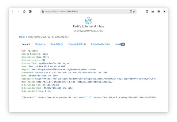 The Fedify logo with the cute dinosaur is now displayed at the top of  the page. You can easily copy the fediverse handle of the ephemeral actor.