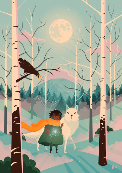 Illustration of a wintery landscape with pink clouds, a full moon, a mountain and a forest in the background. In the foreground amidst birch trees is a brown-skinned person, seemingly a child with earrings next to a giant white wolf. They're cradling a ice crystal familiar that has a concentration of snowflakes around it.