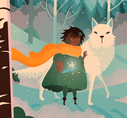 Detail view of the illustration, focussing on the character, wolf and ice crystal familiar.