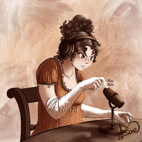 Dessin numérique représentant Little Jane, avatar de Jane Austen, casque sur les oreilles en train de tapoter un micro d'un air dubitatif.