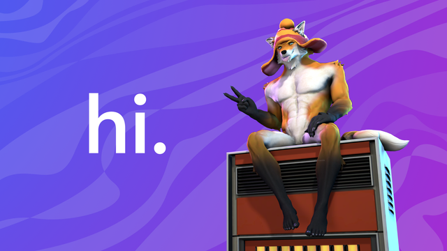 an anthropomorphic fox-wolf (Loxi) sitting on top of a red server; behind is a vibrant blue-purple background. next to them is the word "hi".