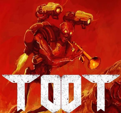 the revenant monster from Doom video game but instead of DOOM it reads TOOT and the monster is playing a trumpet