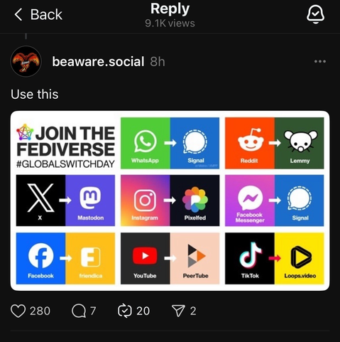 A threads post by BeAware.social about joining the Fediverse featuring an image that shows the comparison of corporate social media and their Fediverse counterparts. The post has 9.1k views.