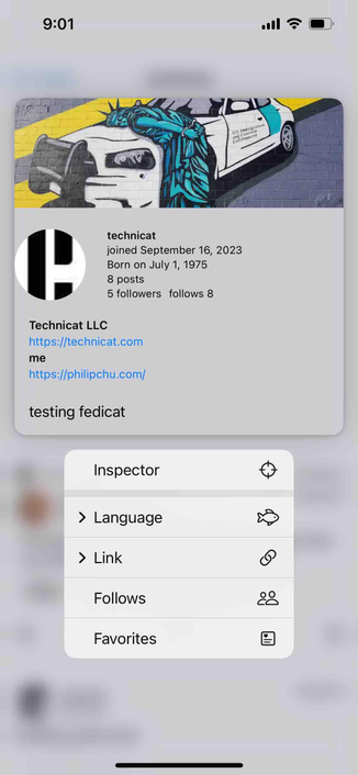 screenshot of profile with a context menu showing follows and favorites options 