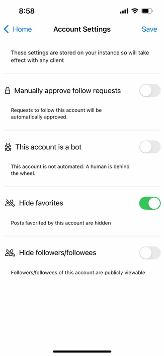 screenshot of account settings with switches to hide follows and favorites 