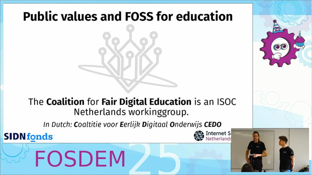 Screenshot of slide showing presentation title: 
"Public values and FOSS for education"
The Coalition for Fair Digital Education is an ISOC Netherlands workinggroup.

