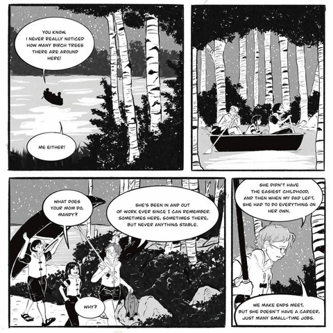 4 comic panels with 2 teenage girls in a canoe contemplating the birch trees around the lake. As they get to shore, one character discusses her mother's financial struggles.