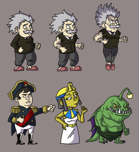 A lineup of cartoony characters. The top 3 show Albert Einstein getting gradually stronger, and eventually having spiky hair like a super sayen.
At the bottom, are Napoleon, Cleopatra and a sea monster resembling a green angler fishé