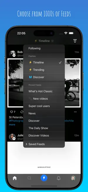 an iPhone 16 Pro displaying the Flashes Bluesky client, with the feed switcher tab open.