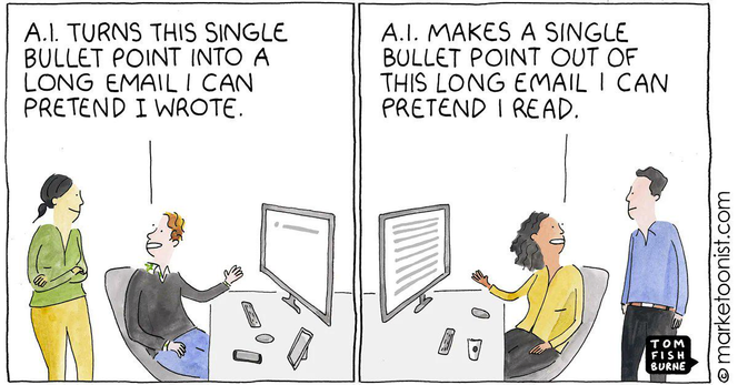 A two-panel cartoon. Left: Person excitedly viewing a computer says, "A.I. turns this single bullet point into a long email I can pretend I wrote." Right: Another person responding to an email says, "A.I. makes a single bullet point out of this long email I can pretend I read."