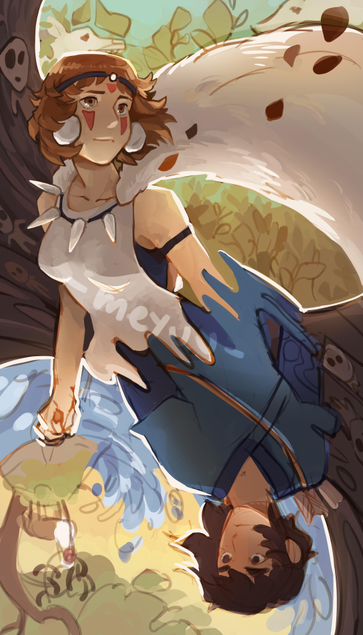 It an illustration of princess mononoke. We can see mononoke and ashitaka in the illustration. Composition is similar to play card with two characters who are reverse. There is a black slime behind them which is composed of Dead kodamas as is it in the movie !