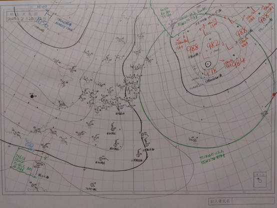 2025年2月20日正午の気象通報を基に描いた天気図