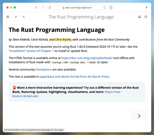 Screenshot of the landing page for The Rust Programming Language book, featuring its normal text; the authors list includes “and Chris Krycho”, highlighted in yellow.