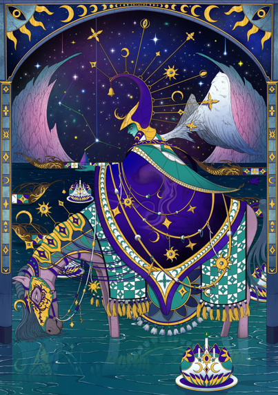 "Star Collector". 
A person is riding a horse holding a crystal in their hands. They wear a curved purple hat with golden decorations on the hat. They wear a purple cape with some sun and crescent-themed jewels. The horse is dusty-pink and wears a decorated armor. Patterned blankets are hanging from its back. The horse is standing in shallow water. There are some lamps floating on the water and some boats in the background. There are two pink mountains in the background, the sky is lit with stars. There's a decorated arch above the person and the horse. 