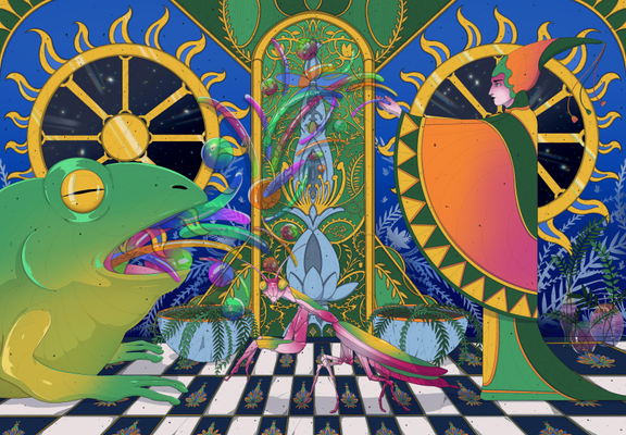 "The Mage". 
A colorful illustration with a large frog on the left side with bubbles coming out of its mouth. There's a praying mantis at the center looking at a bubble and the mage on the right side accepting the bubbles from the frog. The background is blue and has two sun-shaped windows. 