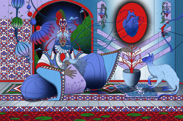 "Magistrate's Daughter". 
This illustration is about a father and his daughter. The father is placed in the center of the illustration. Their proportions are exaggerated. They wear a blue-white decorated outfit with some red details. They hug their daughter who is wearing a light pink robe and hugs the feather. There are tiles on the wall and steps and some rug on the floor. There's an arch in the center with a view of mountains. There's a red egg-shaped object on the right with a blue heart inside. Father's beard connects to the heart. There's a pool filled with red water and some lily pads floating above it. There's oriental shorthair cat on the right looking at the extended hand of the father. There's a bow aiming at heart with a shadow hand holding it. 