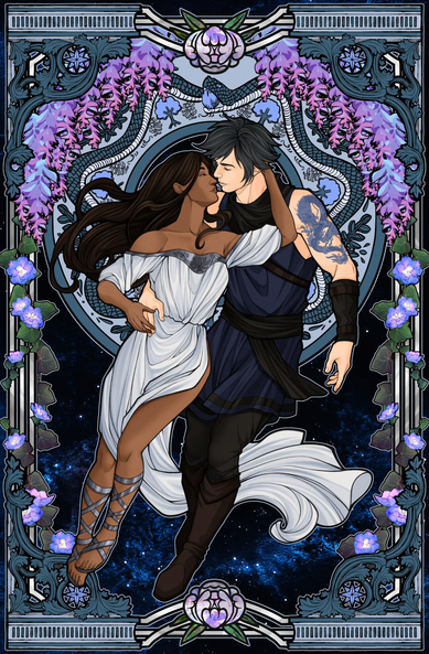 Iyana is a dark tan skinned woman with dark brown hair. She is dressed in a white robe with silvery ornaments. Emmeric is a fair skinned man with dark hair. He has the dragon tattoo on his shoulder. He is dressed in a dark blue tunic, leather pants and knee high leather boots. 
The background is ornate, has the Ouroboros symbol in the circle, and wisterias for decoration.