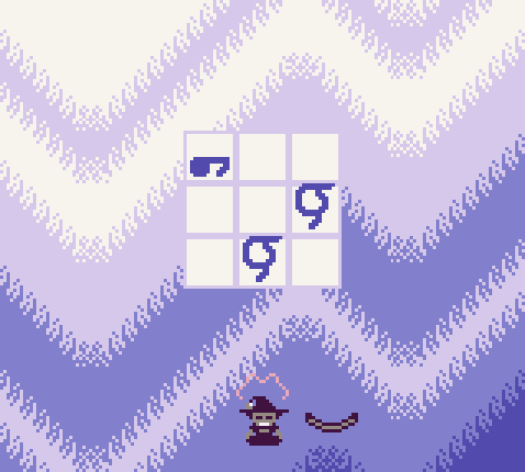 Screen shot from Yurivania 3 showing a 3x3 grid against an abstract background.  The witch Never is meditating and there are three cryptic glyphs on the grid.  The pixelated scene is rendered in lavenders.