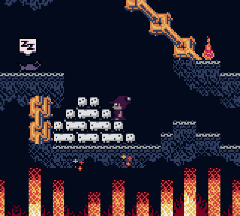 Screen shot from Yurivania 3 showing a dark area where rock platforms are held up by huge rusted chains over a fiery abyss.  The witch Never is climbing a pile of bricks.  A sleeping black cat can be seen.  The pixelated scene is rendered in blacks, greys, oranges, and reds.