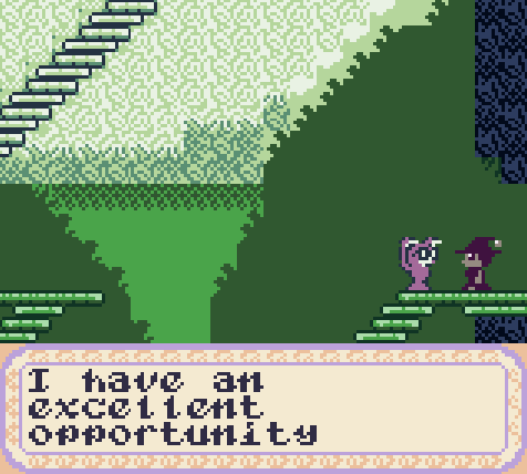 Screen shot from Yurivania 3 showing a the witch Never meeting the zombie Mirna outside a cave mouth deep in the woods.  Mirna says: "I have an excellent opportunity".  The pixelated scene is rendered in greens.