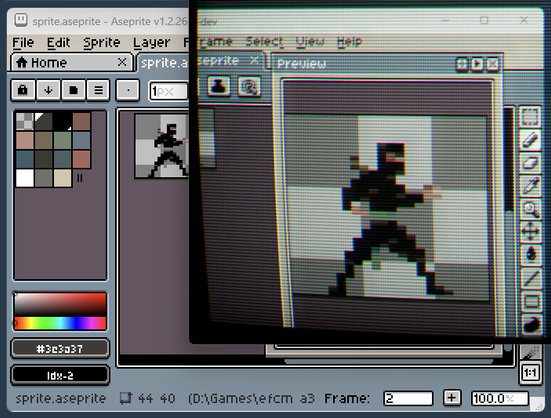 A screenshot showing the Retro Glass tool placed above an Aseprite window, rendering the in-progress pixel art as if were being displayed on a CRT instead of a modern screen.