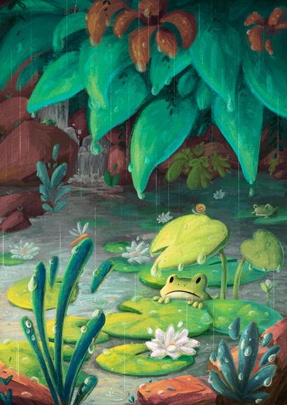 A digital illustration featuring a sad frog peeking out of the water, front feet resting on a lily pad. A big leaf covers it’s head from the falling rain and a soft beam of sun is falling on it. It is surrounded with plants, red rocks and critters.