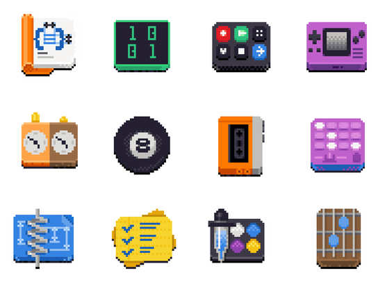 GNOME Circle app icons in pixel art form:   Biblioteca, Binary, Boatswain, Cartridges Chess Clock, Clairvoyant, Decibels, Drum Macine, Elastic, Errands, Eyedropper, Fretboard.