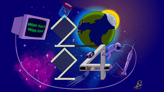 Das Logo der Datenspuren 2024. Eine Raumstation, die den Ziffern "2024" ähnelt in der Erdumlaufbahn. Neben ihr schwebt eine Chaotonaut*in. Im Hintergrund sieht man die Erde, die Sonne, weitere Sterne und einen herzförmigen Nebel. 
Es schwebt links im Vordergrund ein Röhrenmonitor, auf dem "Was nun? Was tun!" geschrieben steht. Rechts an der Raumstation befindet sich eine kleine Rakete, auf der Raumstation klebt ein Patch. Neben dem Monitor schwebt ein Käfer in einem Einmachglas vorbei.