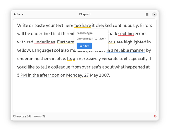 A screenshot of Eloquent, showing a paragraph with possible corrections. "too have" is underlined in yellow, beneath is a box that marks it as a possible typo, suggesting "to have"