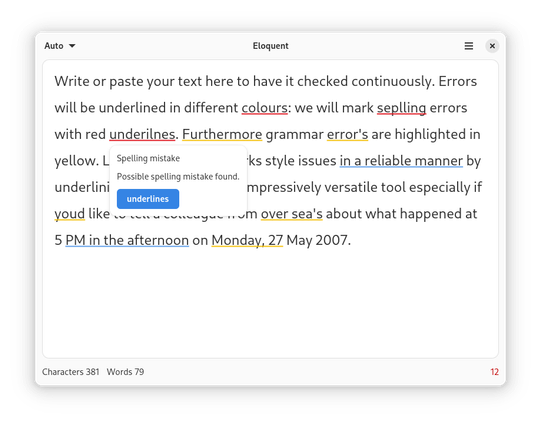 A screenshot of Eloquent, showing a paragraph with possible corrections. "underilnes" is underlined in red, beneath is a box that marks it as a spelling mistake, suggesting "underlines"