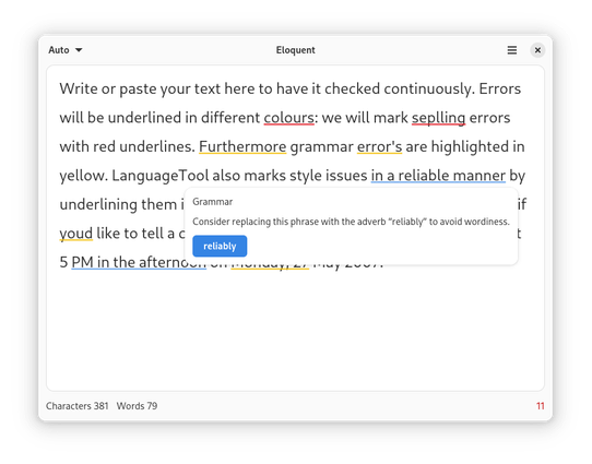 A screenshot of Eloquent, showing a paragraph with possible corrections. "in a reliable manner" is underlined in yellow, beneath is a box that marks it as a grammar issue, suggesting "reliably"