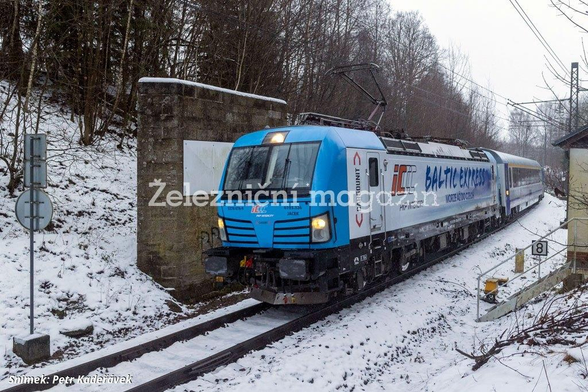 a locomotive with carriages runs along a line surrounded by a snowy wood.