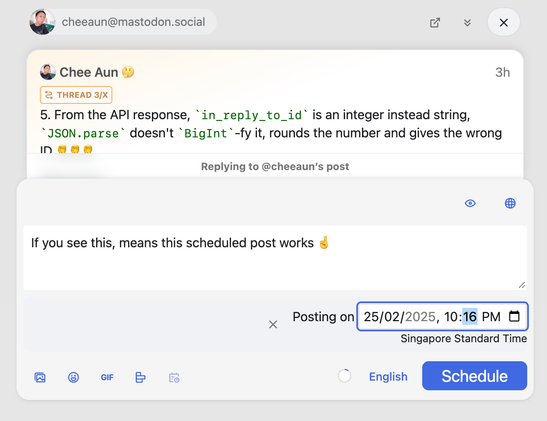 Phanpy composer with post scheduling UI, replying to a post discussing API response issues.