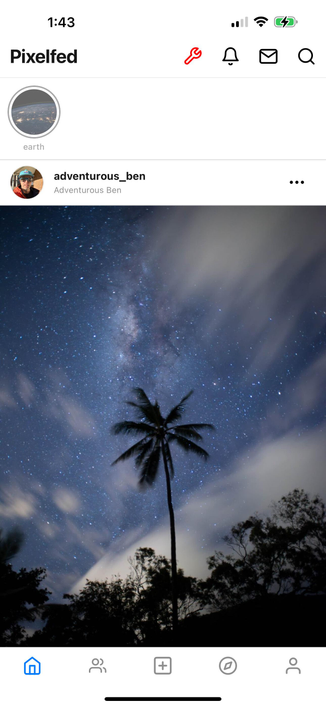 Pixelfed app with the new Stories carousel.