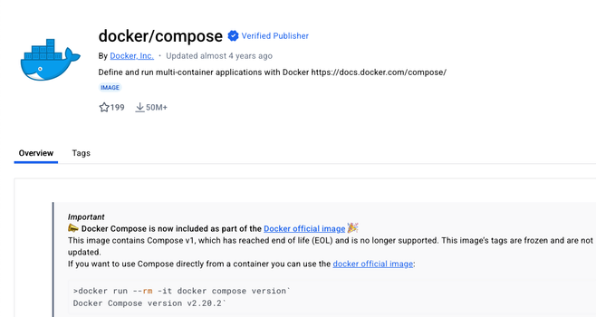 docker hub page for `docker/compose` image stating it's completely abandoned in favor of another image